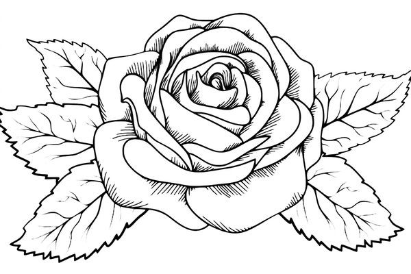 Detailed Rose with Leaves Coloring Page