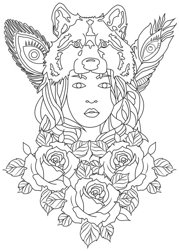 Girl with Mask and Roses Coloring Page