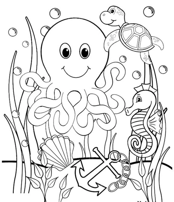 Turtle Sea Horse and Squid Coloring Page