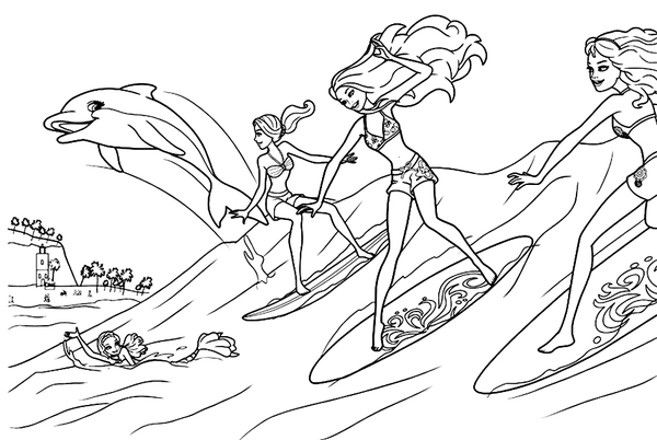 Barbie Surfing with Dolphin Coloring Page