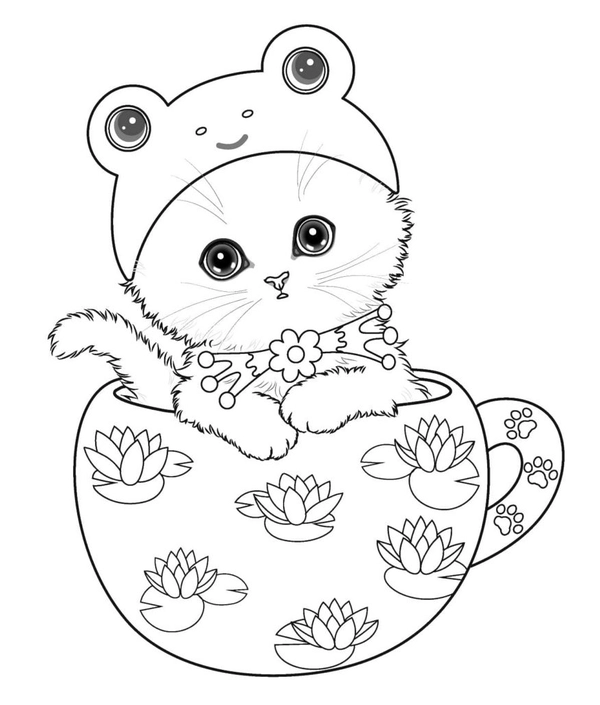 Kitten in Cup of Tea Coloring Page
