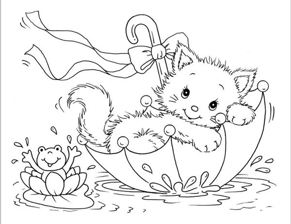 Kitten in Umbrella Coloring Page