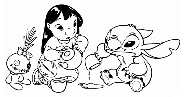 Dibujo para Colorear Lilo y Stitch bebiendo té