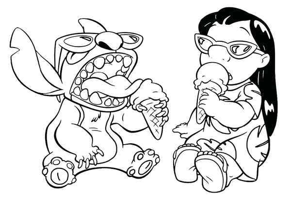 Lilo & Stitch Eating Ice Cream Coloring Page
