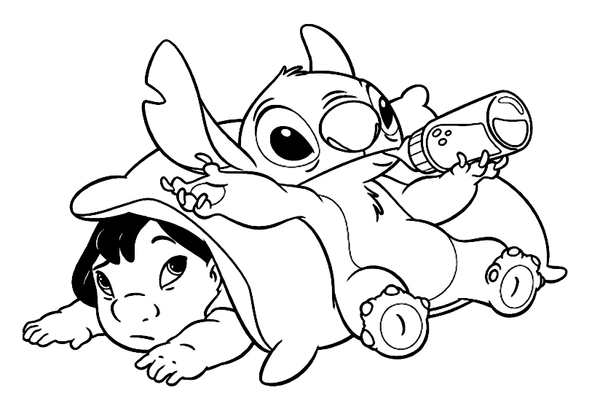 Lilo & Stitch trinken aus der Flasche Ausmalbild
