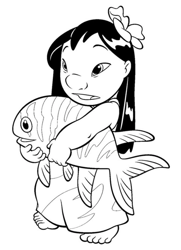 Dibujo para Colorear Lilo y Stitch sujetando peces
