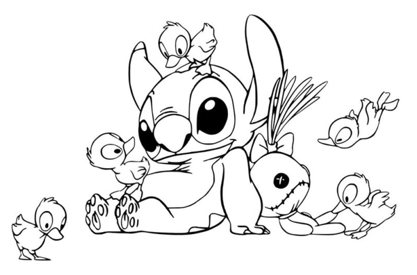 Stitch with Little Ducklings Coloring Page