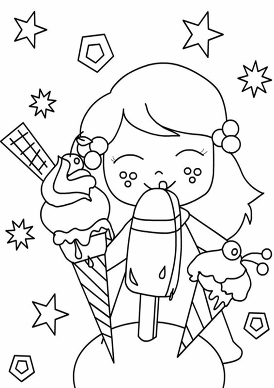 Girl Eating Three Ice Creams Coloring Page
