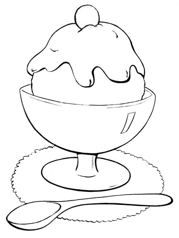 Ice Cream with Cherry and Spoon Coloring Page