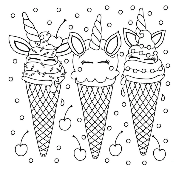 Three Unicorn Ice Creams Coloring Page
