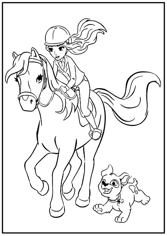 Paard met Meisje en Hond Kleurplaat
