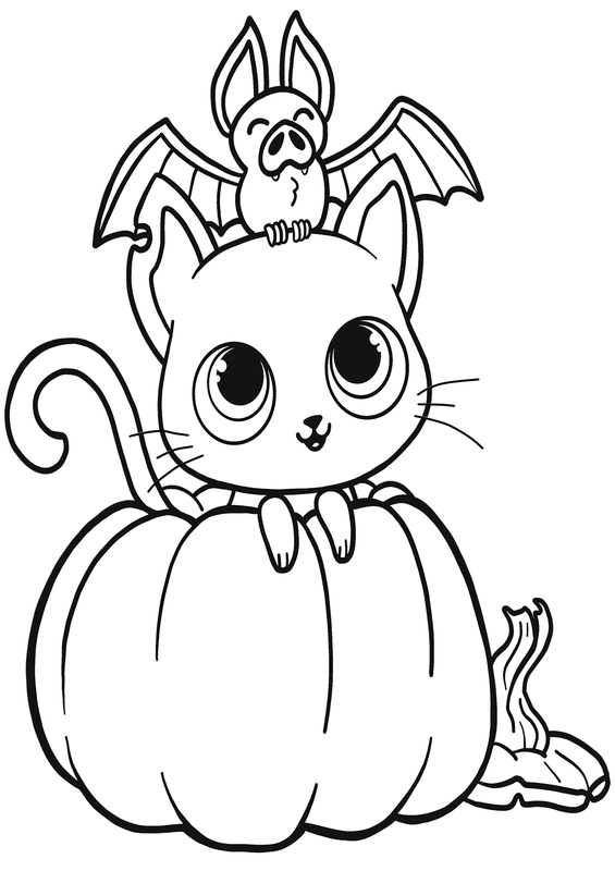 Halloween Katze Fledermaus und Kürbis Ausmalbild