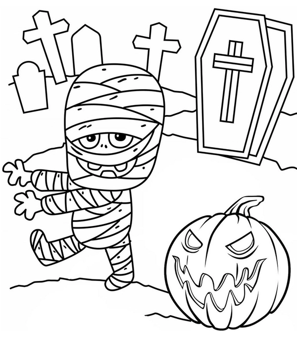 Halloween Mummy and Pumpkin Coloring Page