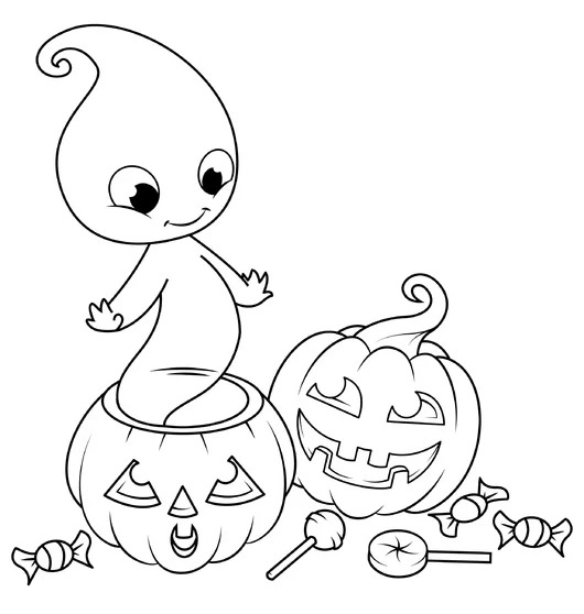 Halloween Pumpkins with Little Ghost Coloring Page