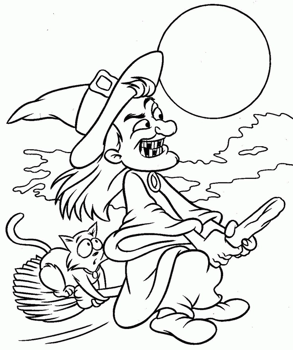 Halloween Witch on Broomstick Coloring Page