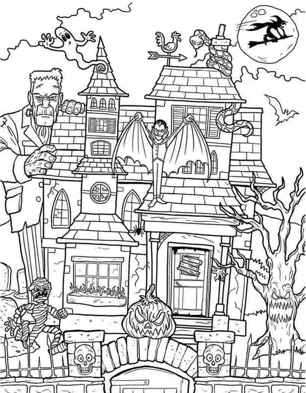 Dibujo para Colorear Casa terrorífica de Halloween