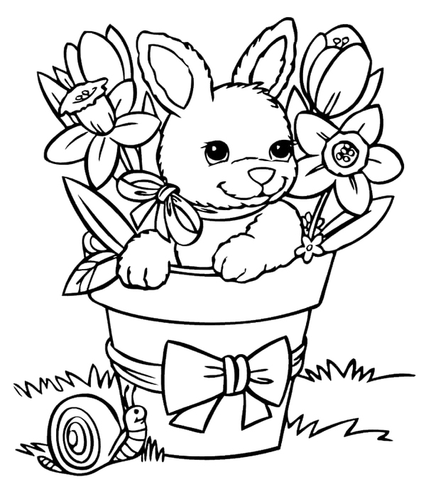Dibujo para Colorear Conejito en cesta de flores