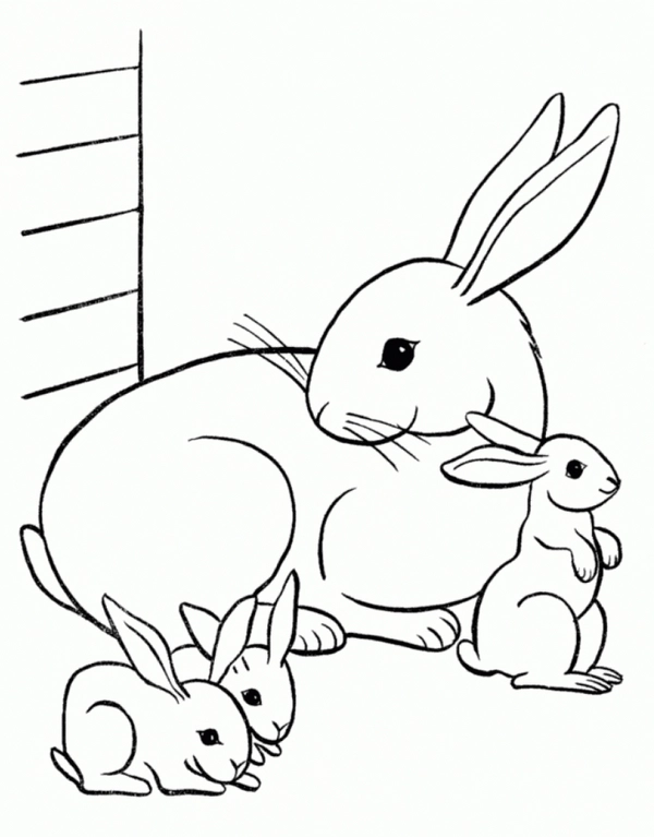 Coloriage Mère lapin avec trois lapereaux
