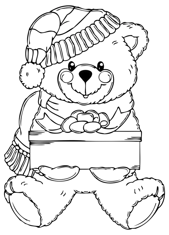 Christmas Bear with Present Coloring Page