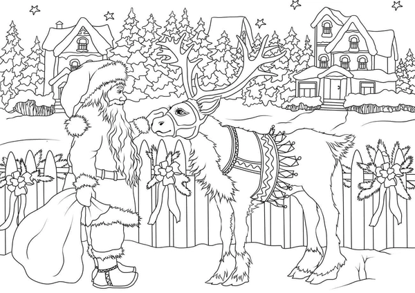 Coloriage Noël Père Noël caressant des rennes