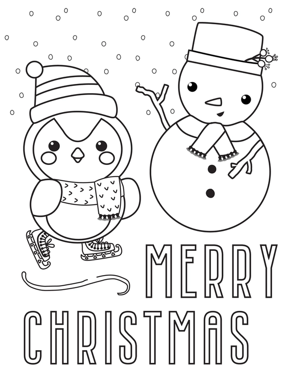 Dibujo para Colorear Feliz Navidad Pingüino Muñeco de Nieve