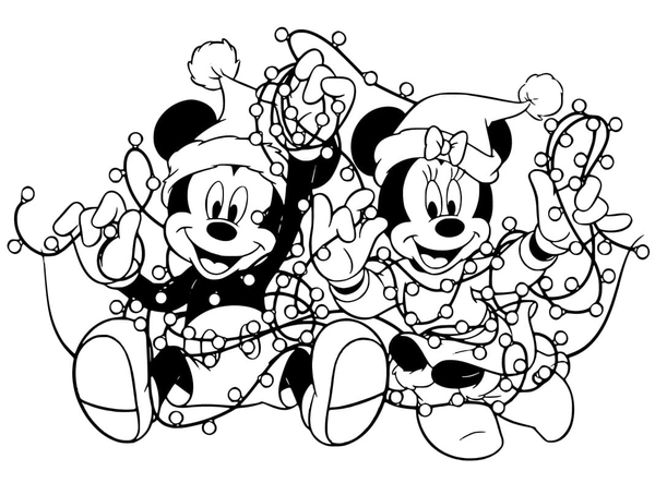 Mickey Mouse en Minnie met Kerstlichtjes Kleurplaat