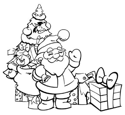 Papá Noel delante del árbol de Navidad