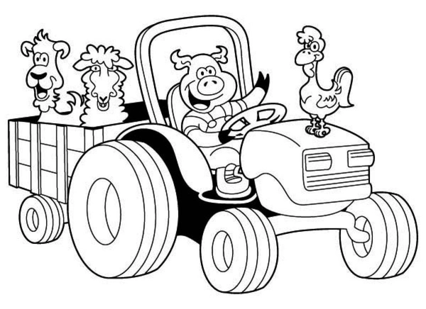 Animals on Tractor Coloring Page
