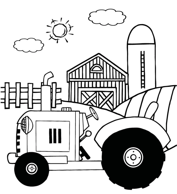 Coloriage Tracteur devant la ferme
