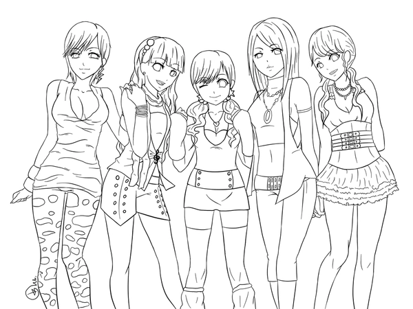 Anime Group of Girls Coloring Page