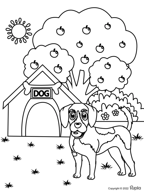 Hond Hondenhok en Appelboom Kleurplaat
