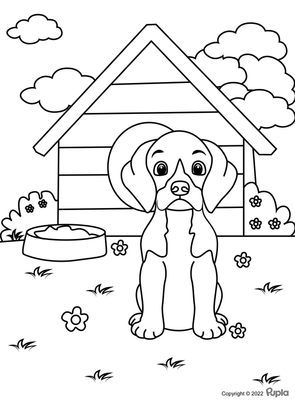 Dog in Front of Doghouse Coloring Page