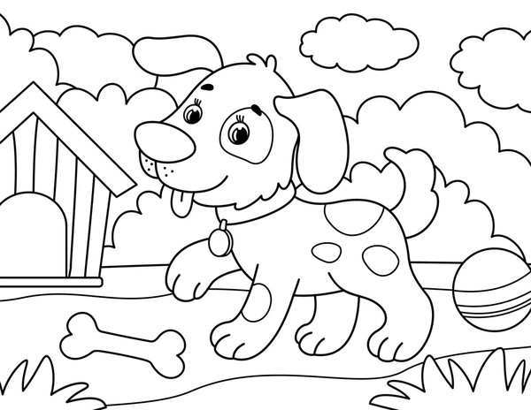 Dog with Bone and Ball Coloring Page
