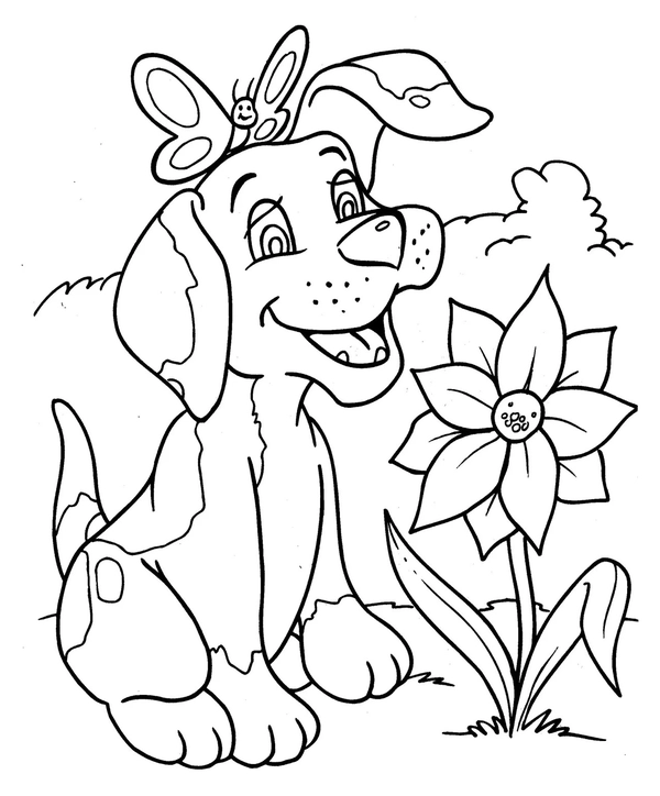 Dog with Butterfly Coloring Page