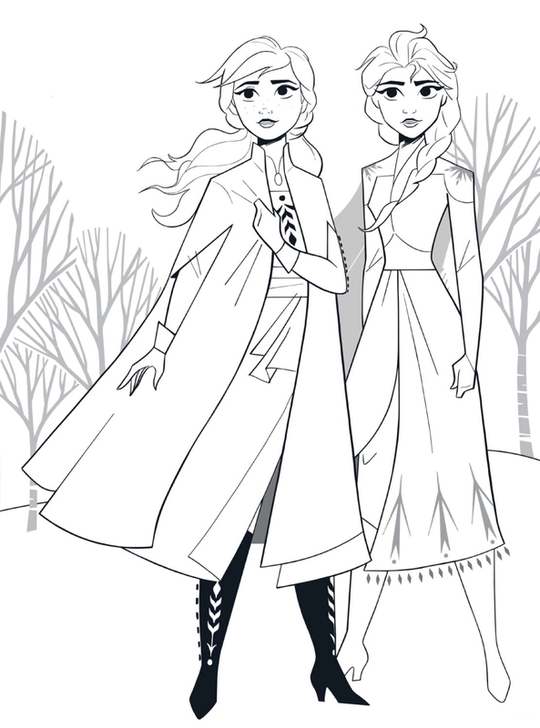 Coloriage Frozen Anna & Elsa dans une forêt