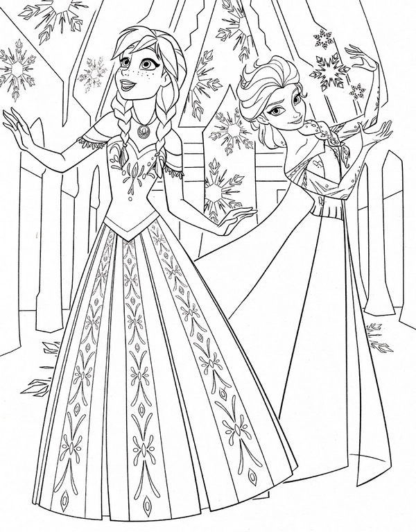 Frozen Anna & Elsa in Dresses Coloring Page