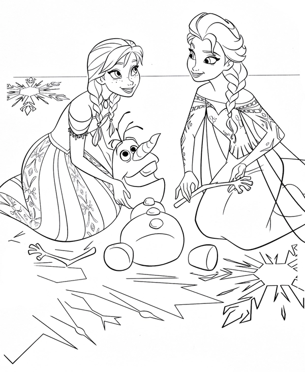 Frozen Anna & Elsa Fixing Olaf Coloring Page