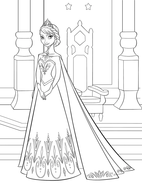 Frozen Elsa in front of Crown Coloring Page