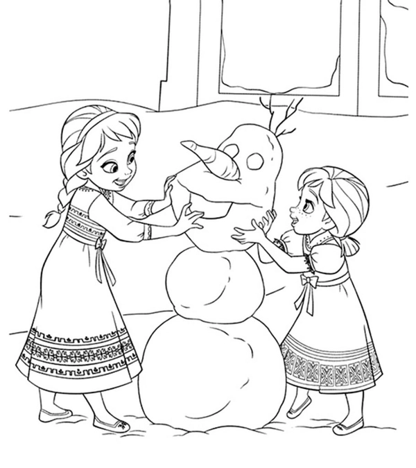Coloriage Bonhomme de neige en construction Frozen Young Anna & Elsa