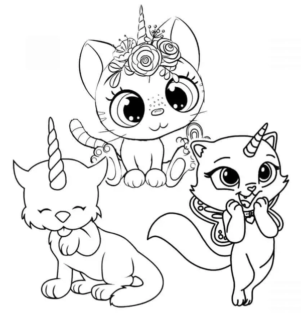 Three Cute Cats Coloring Page