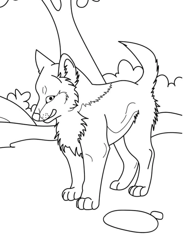 Baby Wolf in Forest Coloring Page
