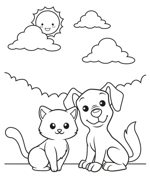 Kat en Puppy Zitten in de Zon Kleurplaat