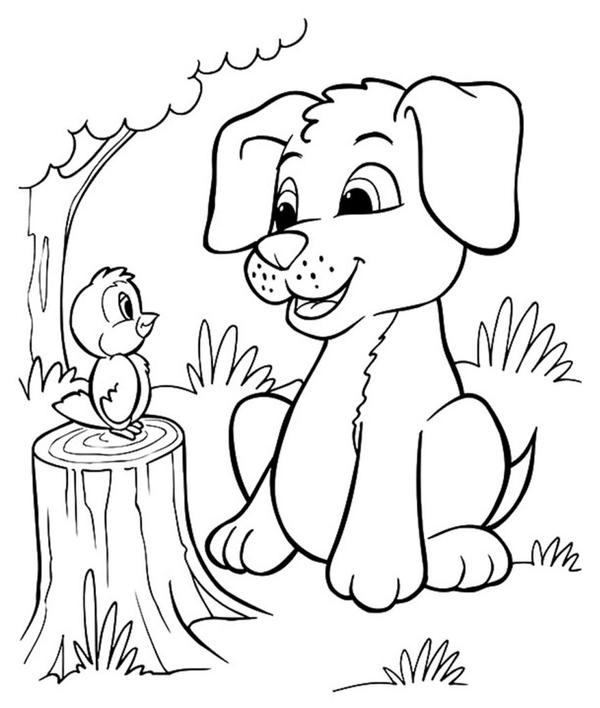 Puppy and Bird on Tree Coloring Page