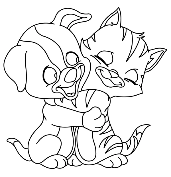 Coloriage Chiot serrant un chat dans ses bras