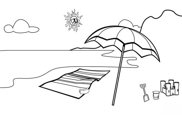 Summer Beach Scene with Sand Castle Coloring Page