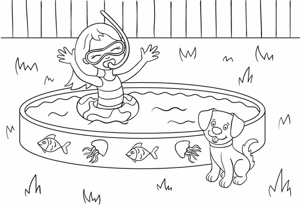 Sommermädchen im Schwimmbad mit Hund Ausmalbild