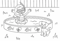 Fille d'été dans la piscine avec un chien