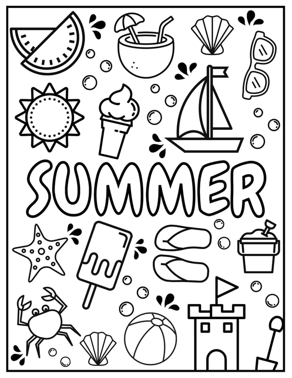 Summer in Letters with Summer Items Coloring Page