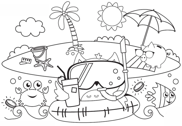 Summer Scene with Crab and Fish Coloring Page