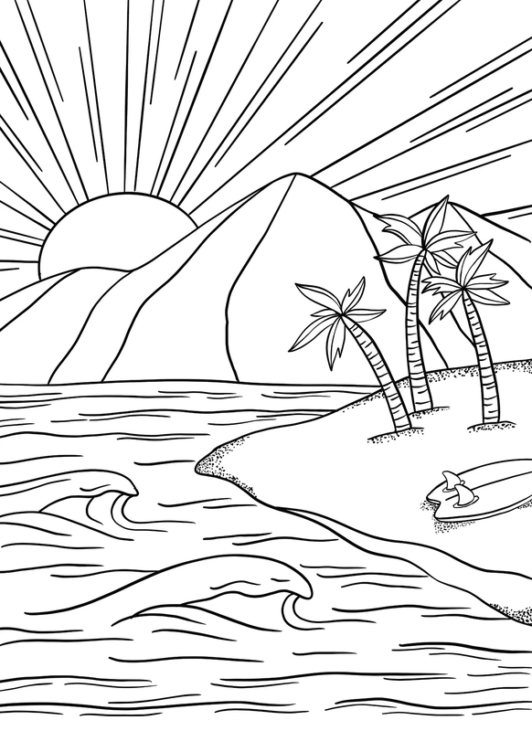 Dibujo para Colorear Sol brillante de verano y palmeras